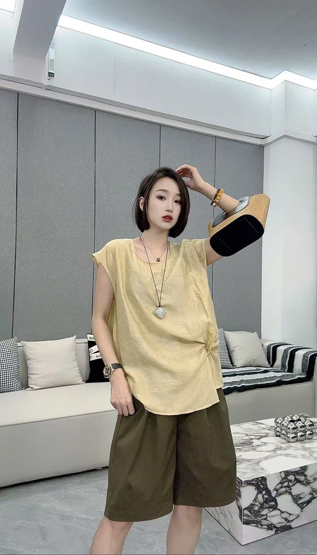 【娜娜推荐】3242新款侧腰捏褶暗纹提花百搭T恤
