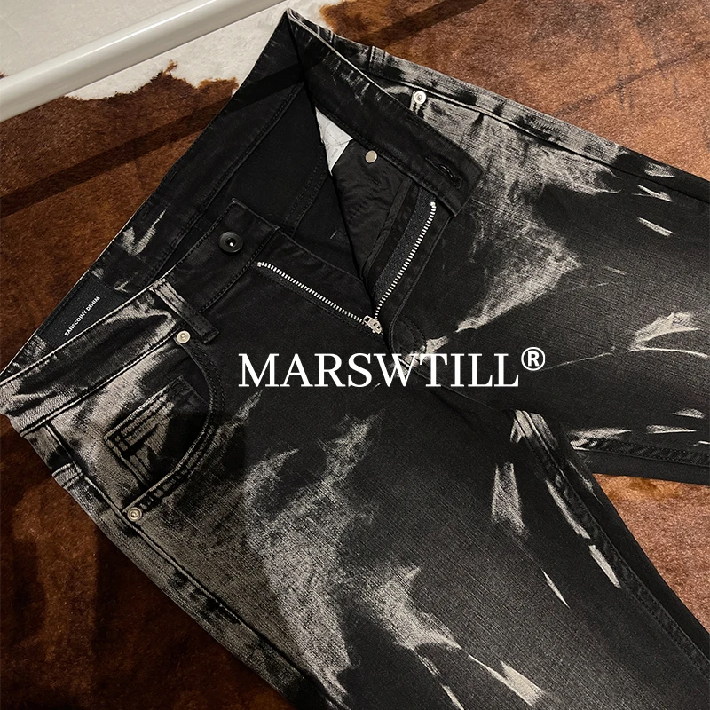 【MARSWTILL】扎花水洗丨复古丨修身丨小脚丨黑灰九分牛仔裤男款