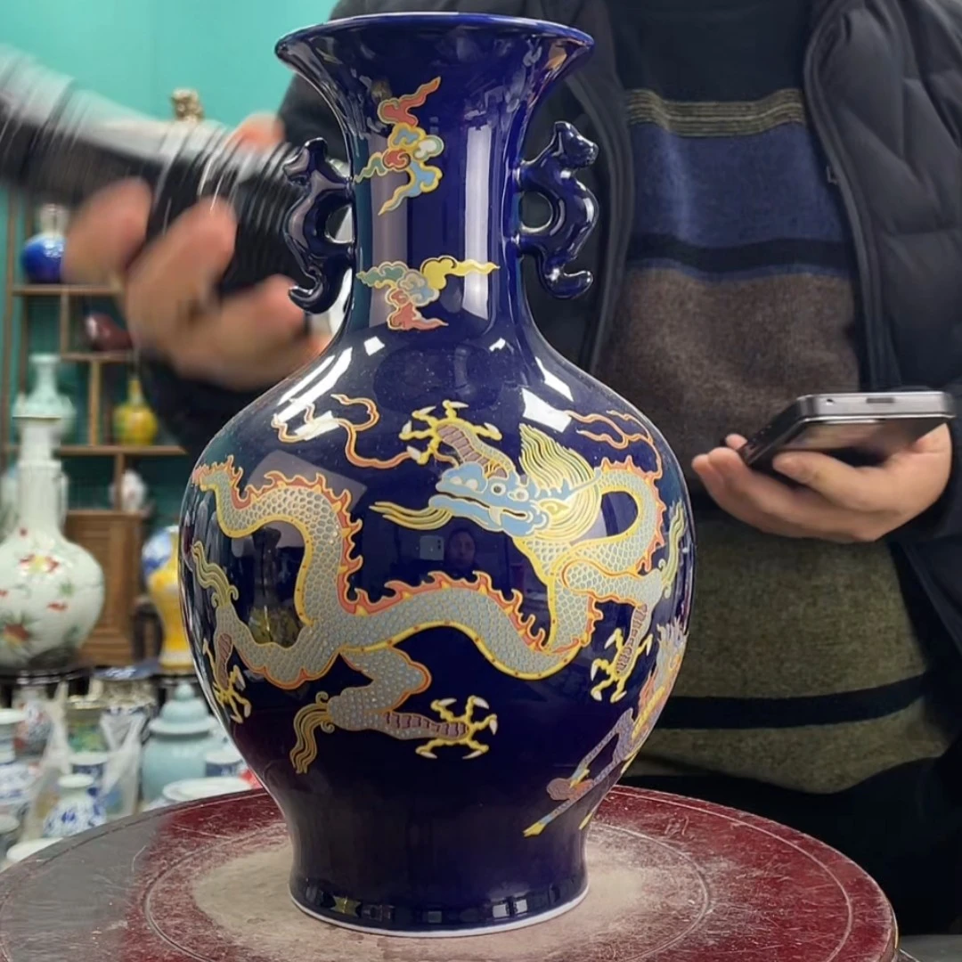 蓝双耳荧光赏瓶手工复古陶瓷