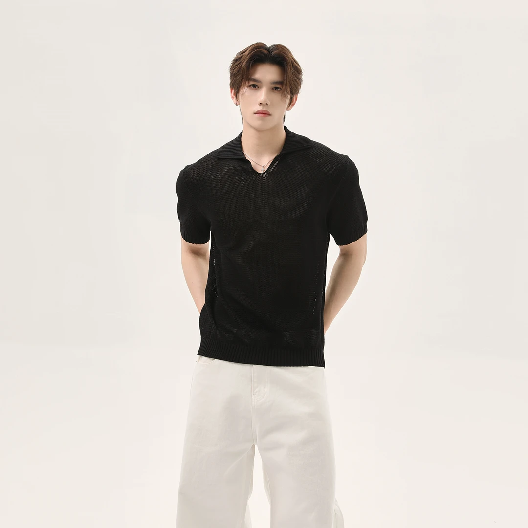 TURNTIDE美式复古小众V领设计翻领纯色短袖T恤慵懒休闲百搭男夏