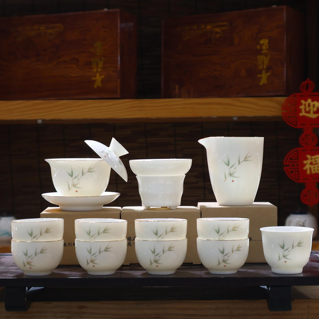 【有一窑】羊脂玉瓷竹报平安茶具套装