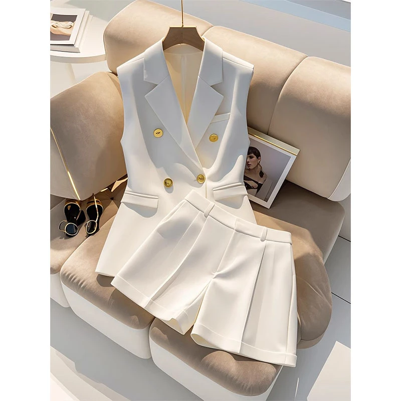 小个子职业套装干练气质女装名媛高端白色西装马甲短裤两件套夏季
