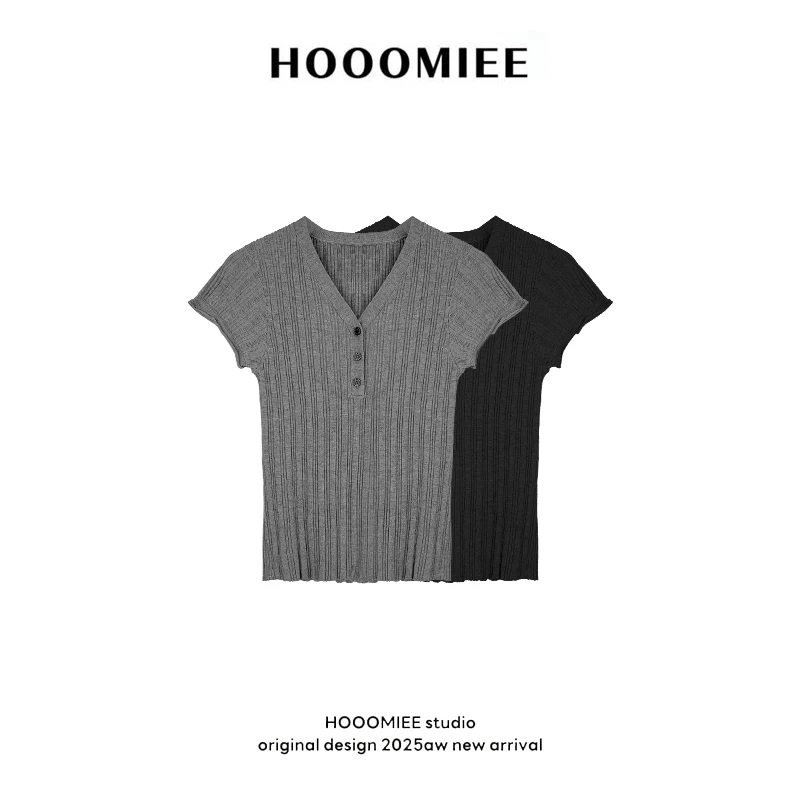 Hooomiee100莱赛尔针织衫温柔女士休闲坑条V领套头短袖J25046