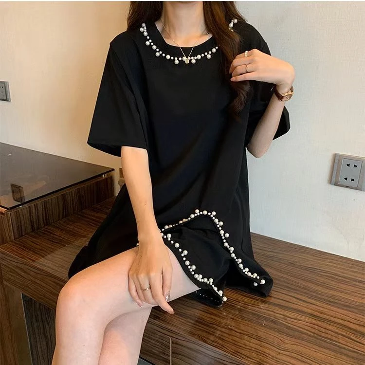 夏季新款女宽松显瘦上衣黑色大码短袖T恤百搭圆领孕妇装简约纯色