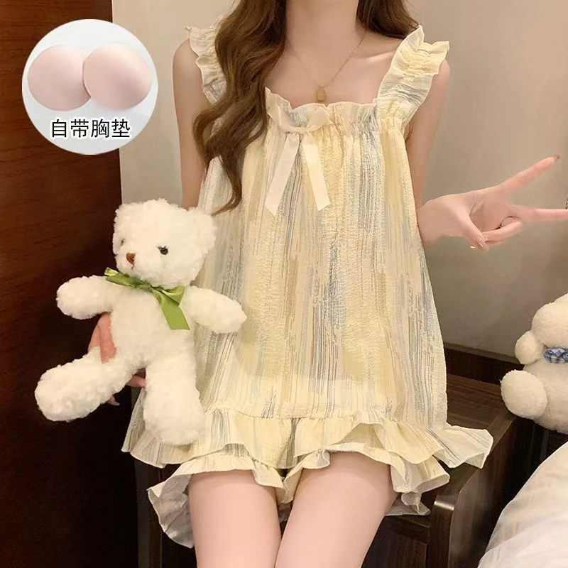 睡衣女夏天2025年新款甜美可爱宽松少女带胸垫吊带宿舍家居服套装