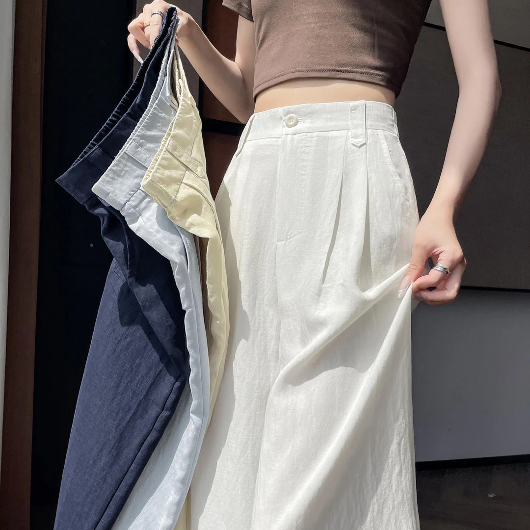 杜拉妮白色天丝亚麻裤子女夏季轻薄款冰丝麻阔腿裤高腰休闲山本裤