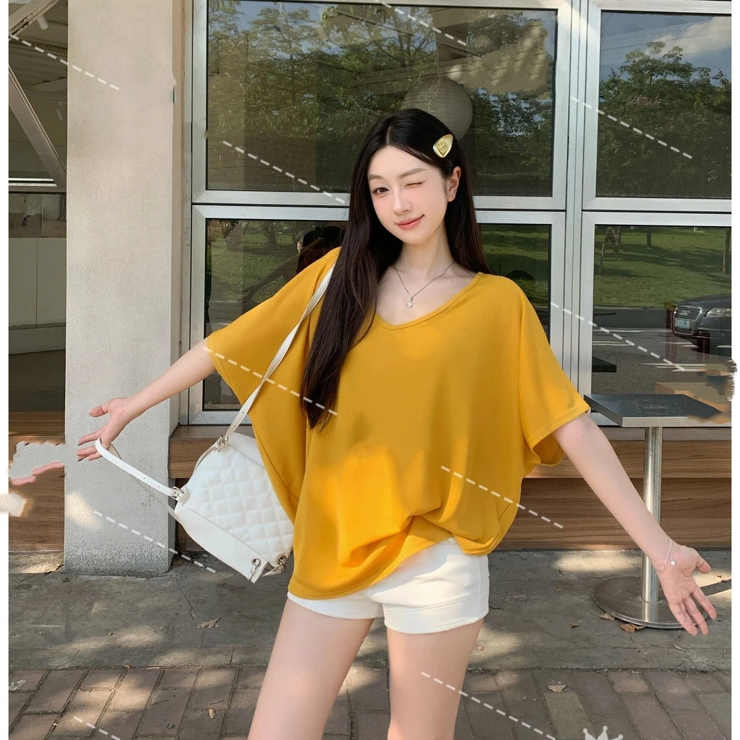 纯欲慵懒风宽松蝙蝠袖V领短袖辣妺 微透凉感薄款罩衫t恤