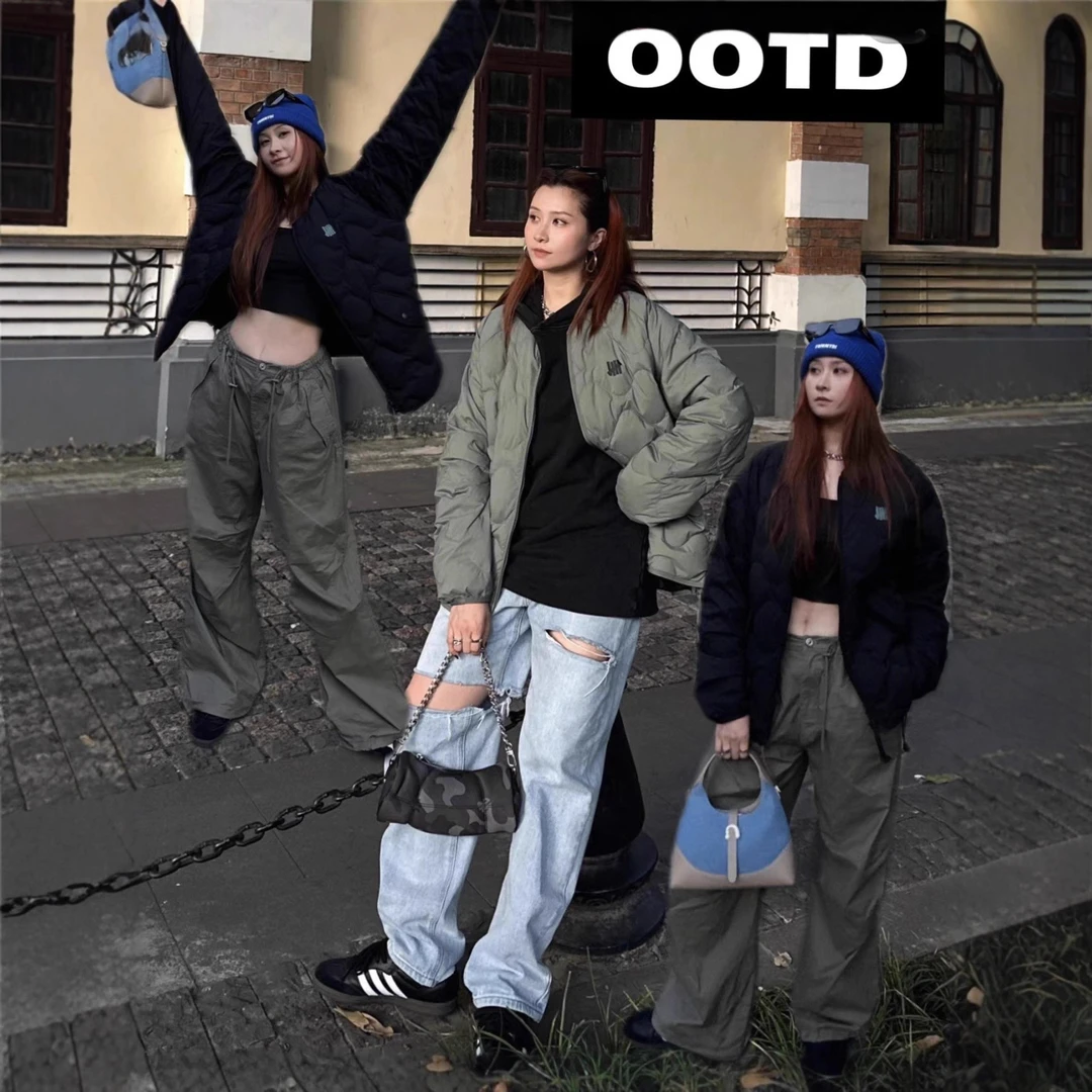 日系秋冬轻薄保暖印花无领情侣款羽绒服