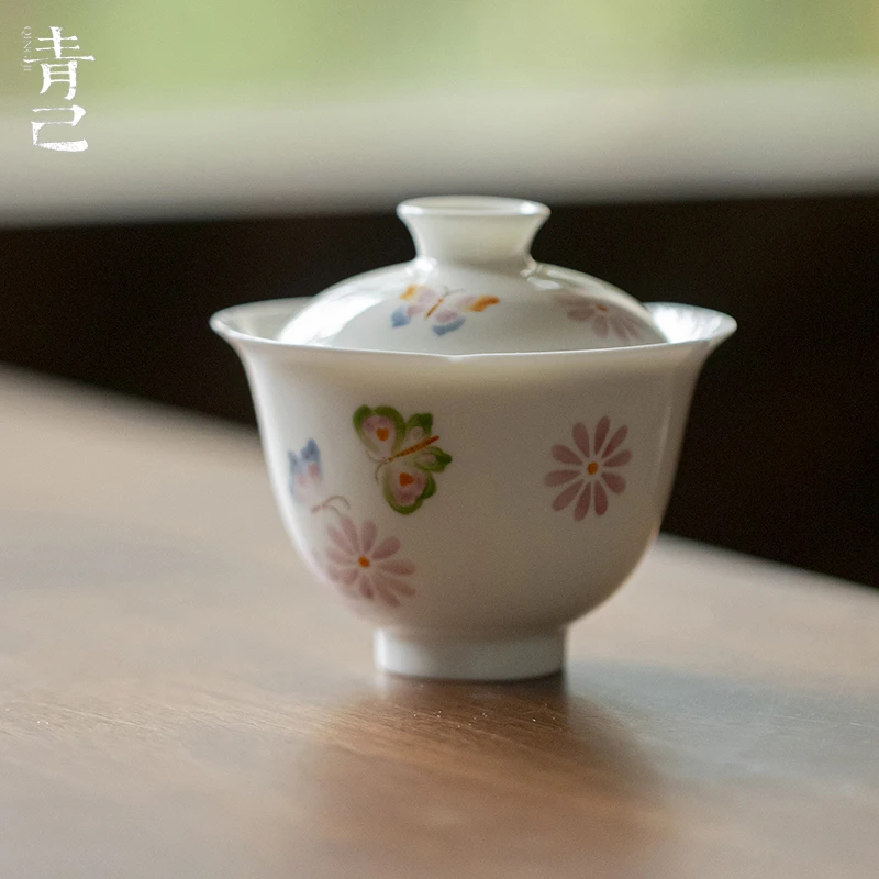 青己手绘玉泥白瓷蝴蝶盖碗功夫茶具家用陶瓷彩绘泡茶碗文人器盖碗