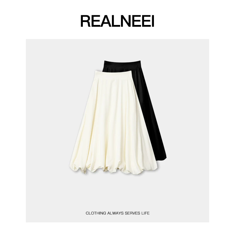 REALNEEI【绽放涟漪】极简纯色高腰蓬蓬花苞A字百搭半身裙25737