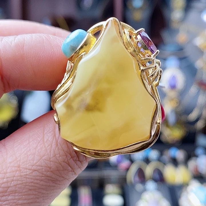 琥珀戒指银S925镶嵌戒指