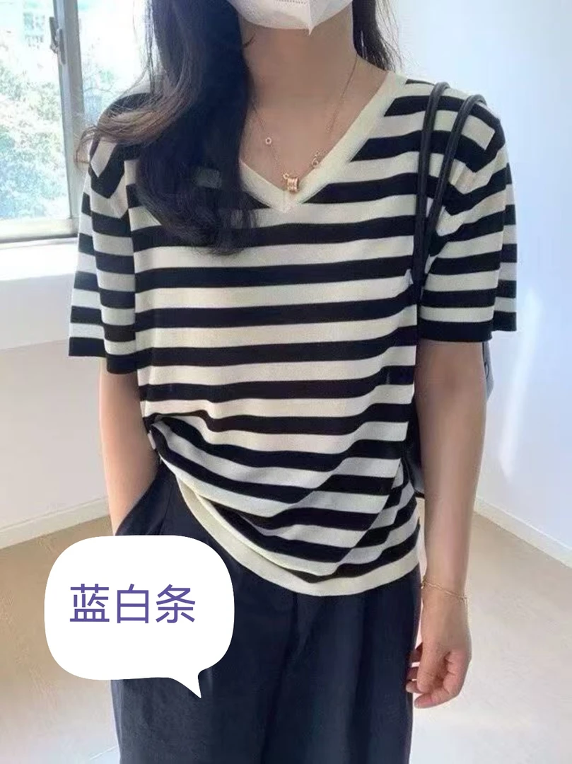 2025夏季V领T恤设计感短袖t恤条纹打底衫