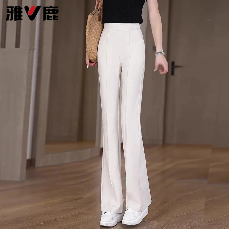 雅鹿夏季2025新款时尚微喇裤女垂感显瘦弹力修身松紧腰白色喇叭裤