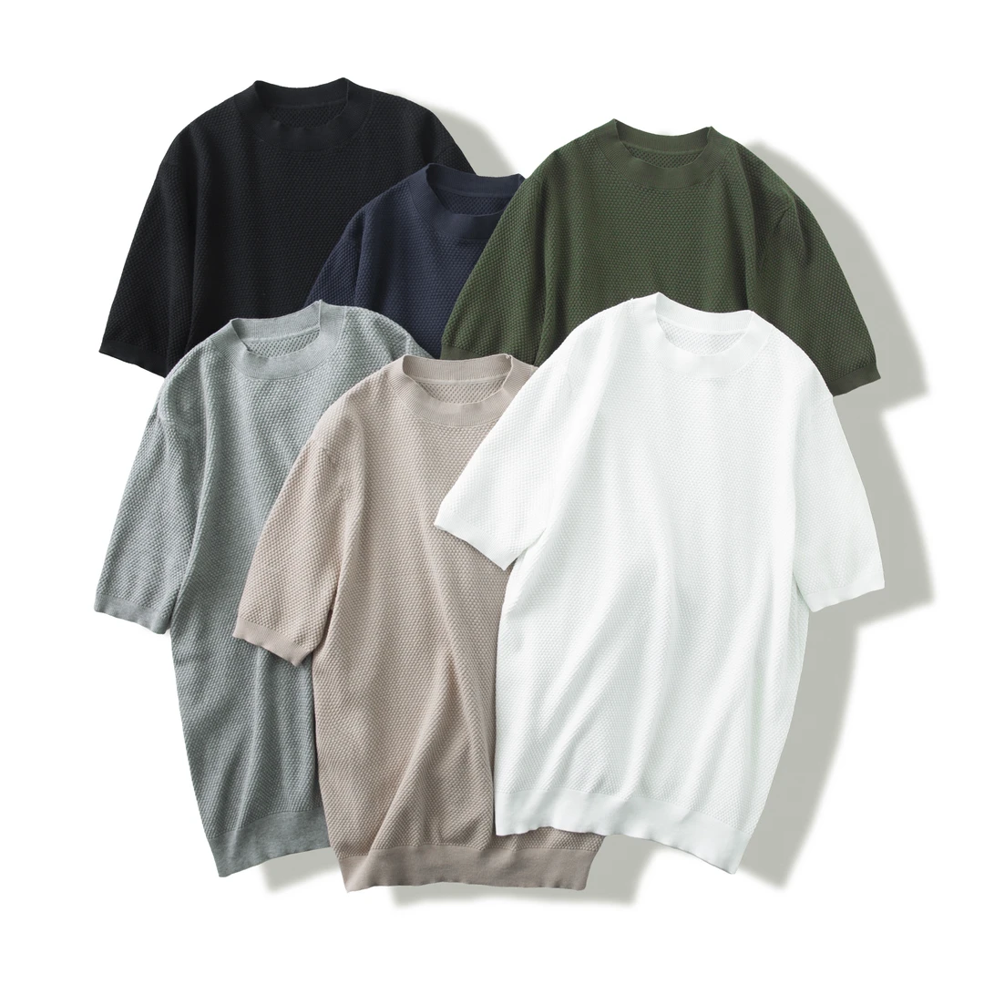 2025年春夏新款100棉菠萝针纯色圆领短袖T恤男士休闲百搭打底针织