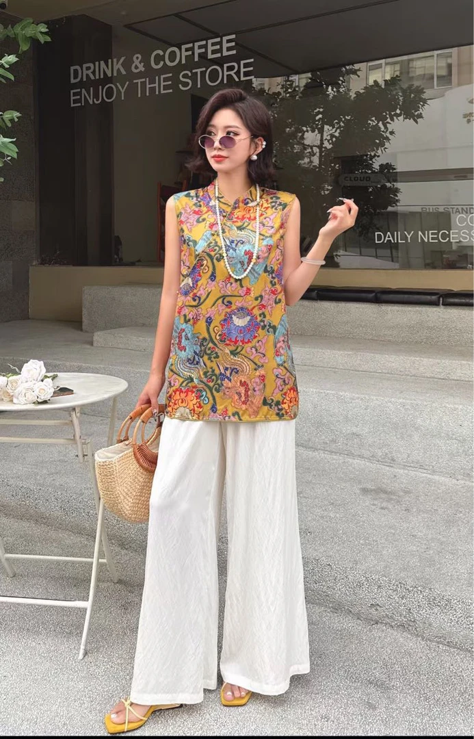 新中式国风时尚休闲夏季复古宽松印花无袖女套装