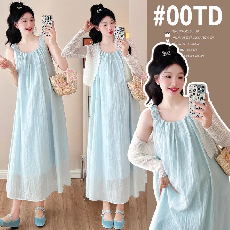 孕妇装2025夏季新款高级感气质雪纺吊带裙+开衫两件套孕妇连衣裙