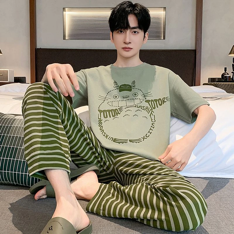大码睡衣男士夏季短袖长裤纯棉家居服2025新款条纹熊猫青少年套装