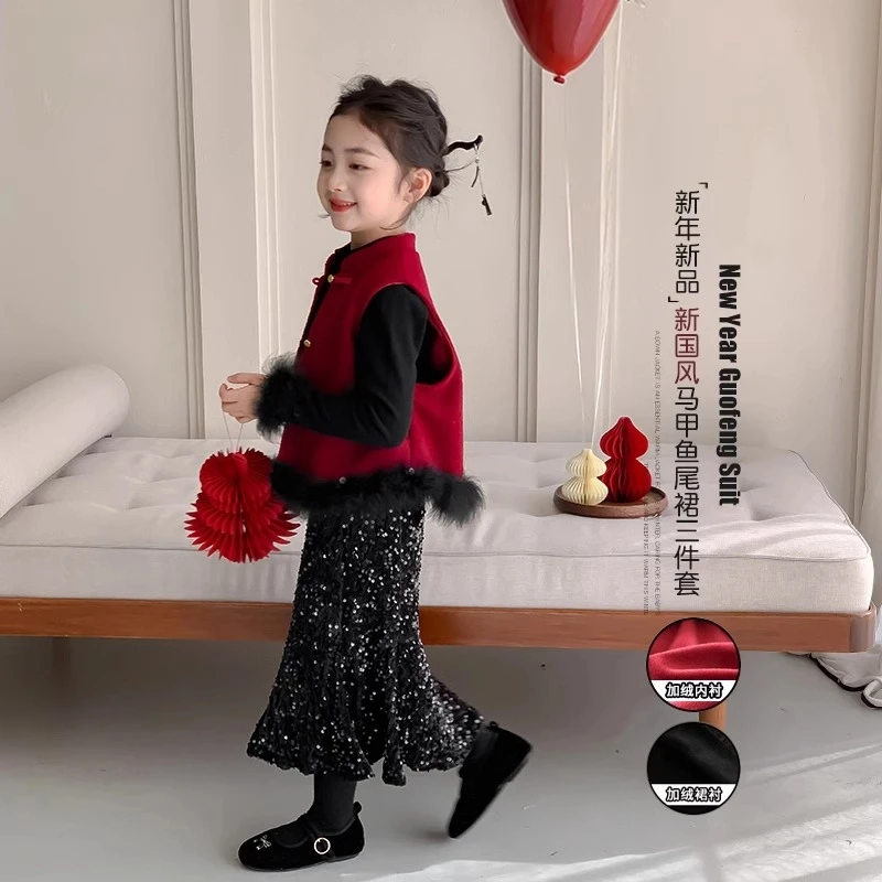 女童拜年服2024新款冬装新中式红色新年衣服公主裙套装儿童过年服