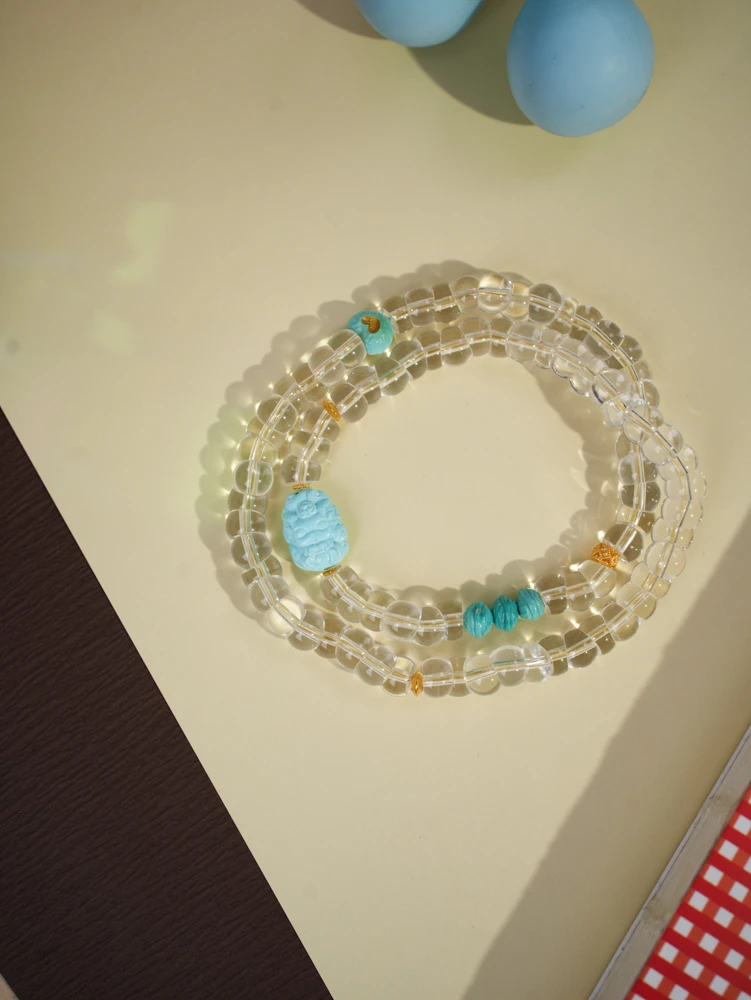 天然白水晶大肠双圈原矿绿松石九尾