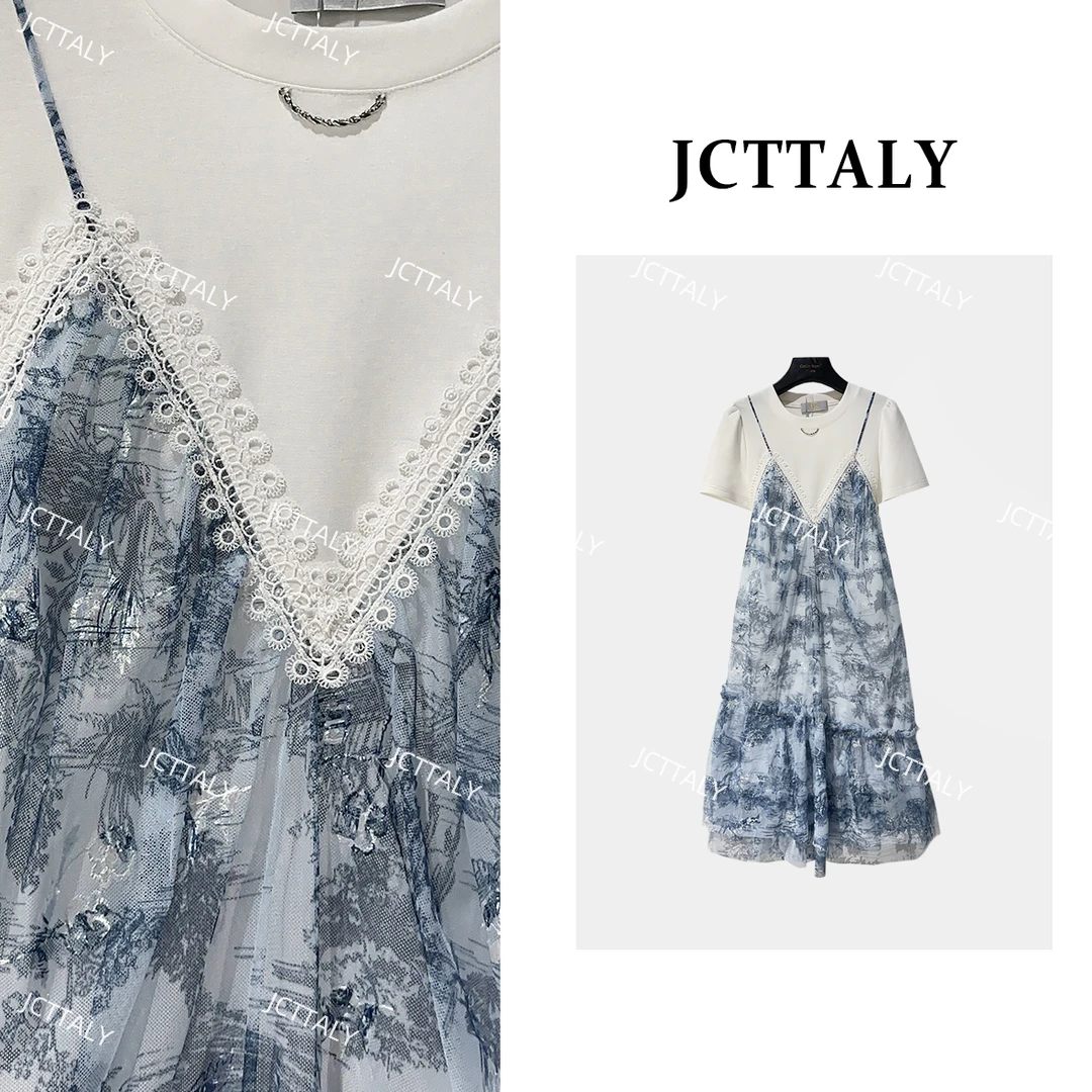 【茶茶】夏季新款减龄冰蓝色背带碎花拼接连衣裙女JC-A3667