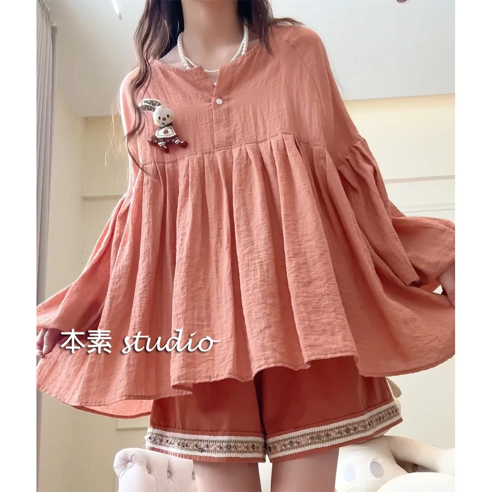 美人蕉C3472纯色一粒扣圆领衬衫