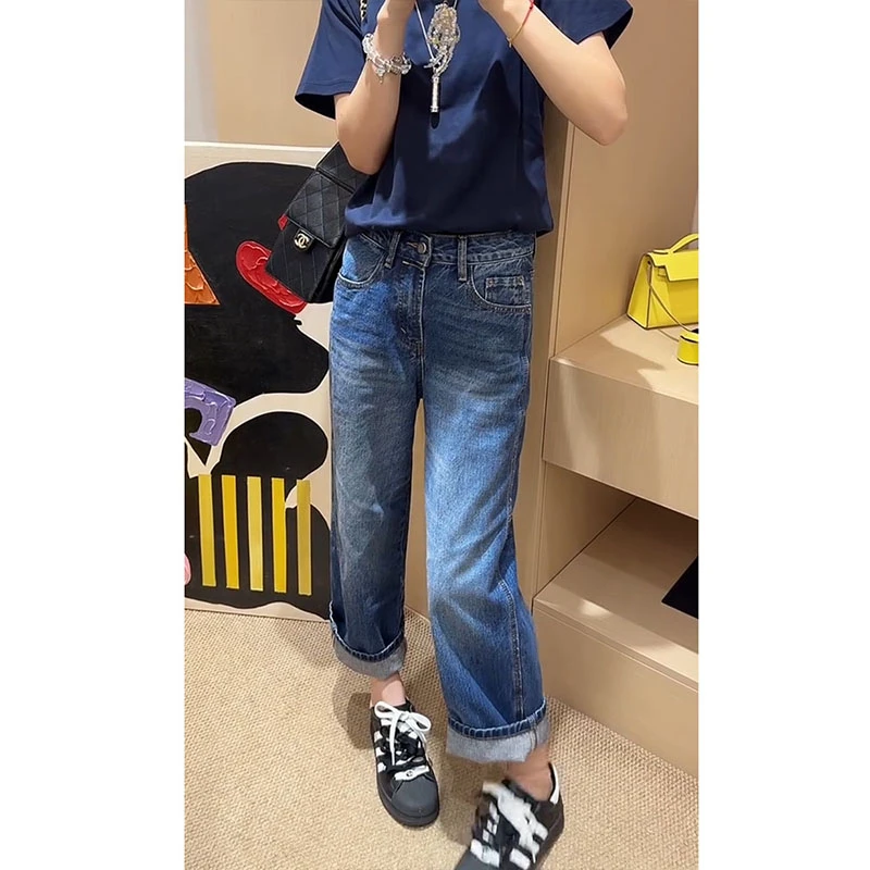 牛仔裤女2025秋季新款小个子时尚大码百搭高腰宽松显瘦直筒法棍裤