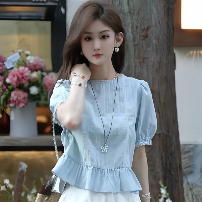 甜美蕾丝拼接泡泡袖短衬衫女薄款圆领荷叶边宽松小衫2025夏季新款