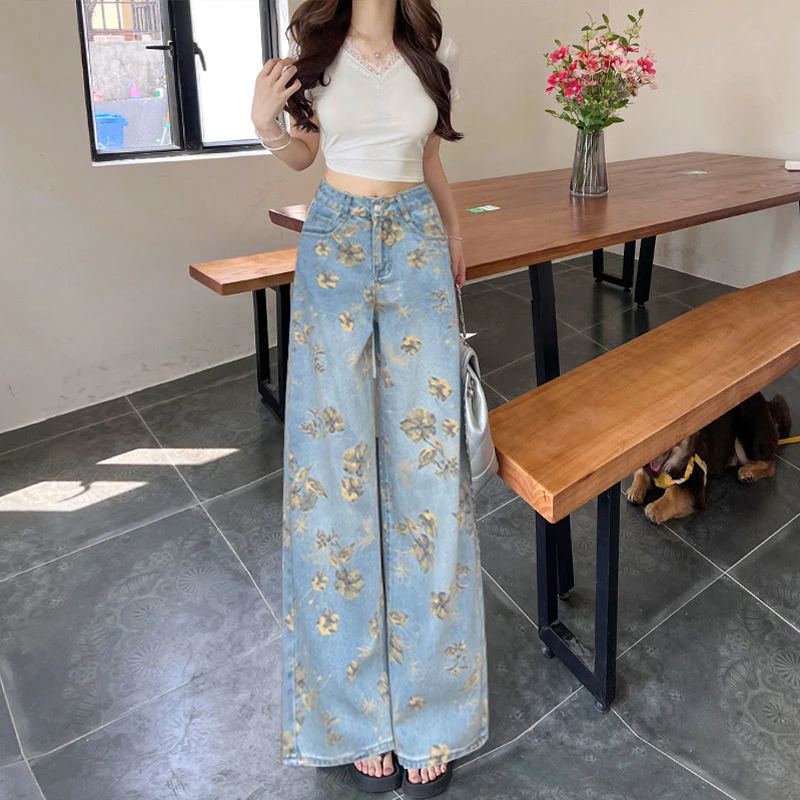 【现货秒发】2025新款夏季浅蓝印花阔腿牛仔裤女高腰直筒拖地长裤