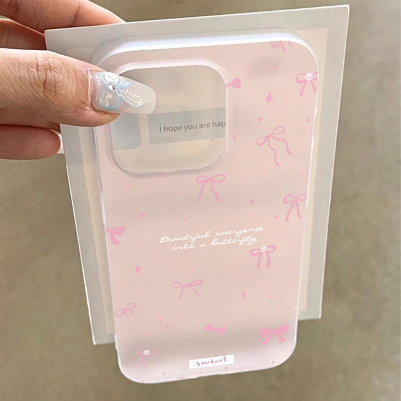 雅天立简约粉色蝴蝶结适用苹果16promax手机壳iPhone13软15磨砂