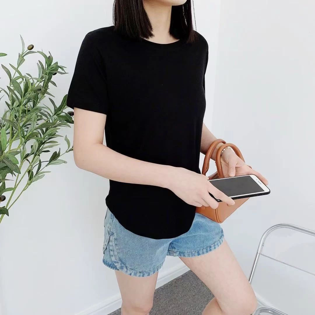 圆领短袖燕尾法式高弹短袖T恤宽松针织打底衫t恤休闲