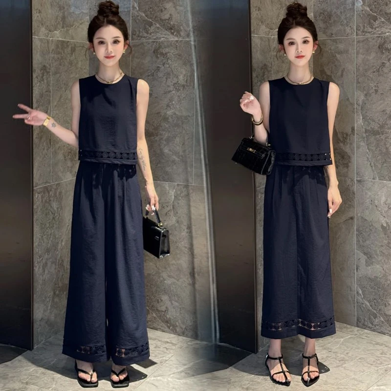 时尚套装女2025夏季新款韩版减龄显瘦印花无袖上衣阔腿裤两件套潮