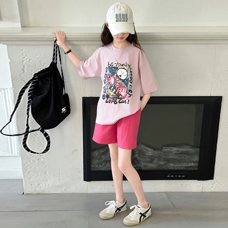 女童夏季套装2025新款夏季儿童时尚紫粉色上衣火龙果短裤百搭休闲