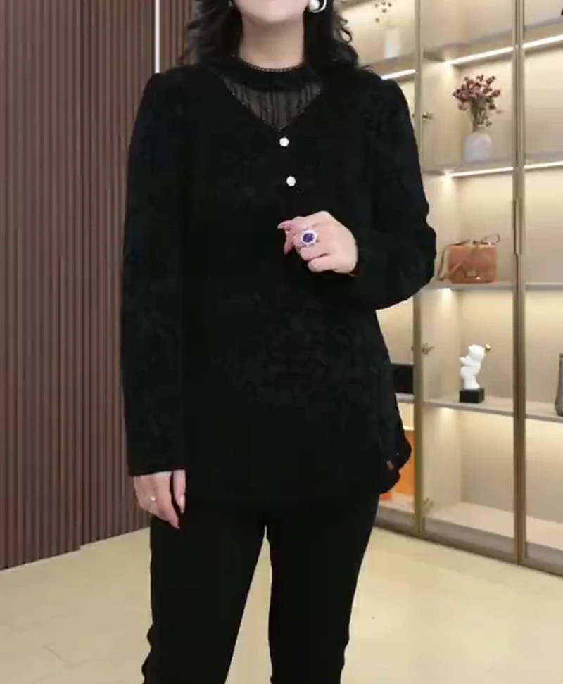 春季新款100-250斤胖子大码长袖衬衫轻奢丝绒提花休闲打底妈妈女