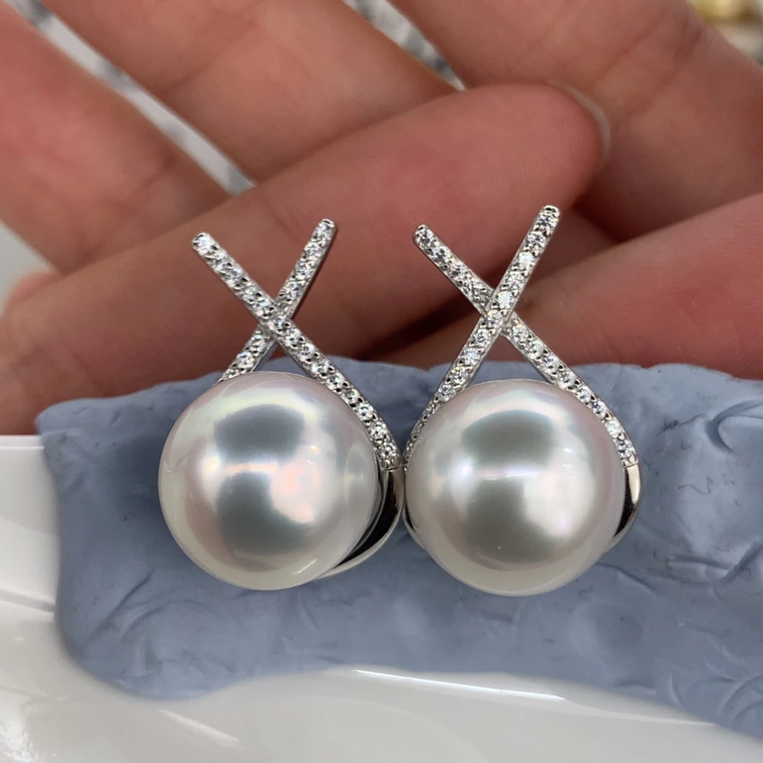 定制海水珍珠银S925镶嵌耳饰12.8-12.9mm澳白两颗
