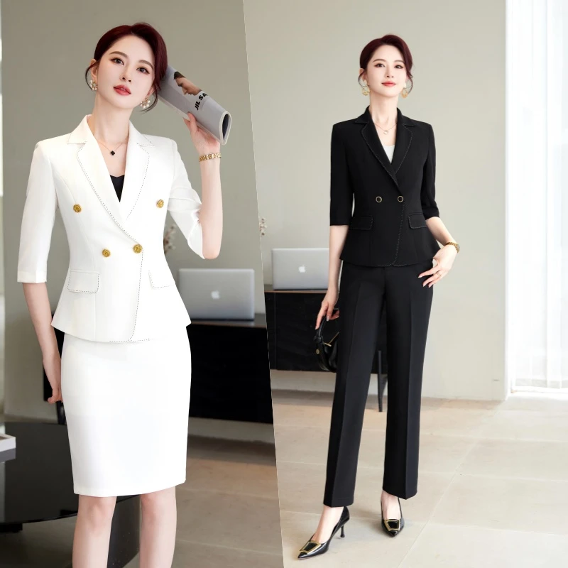 春夏新款中袖薄款白色双排扣小西装通勤休闲修身前台西服套装夏季