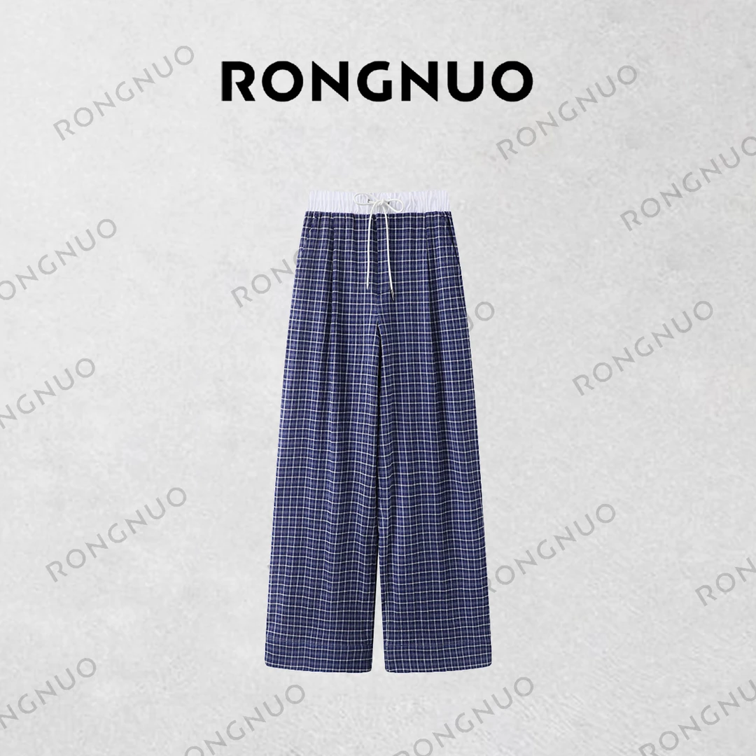 容诺  2025新品设计师款复古松弛感蓝格纹长裤A5364