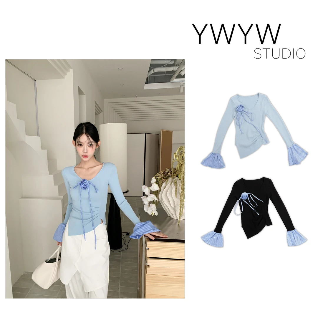 【YWYW25S/S】春季修身单边收褶腰拼接荷叶袖v领针织打底体恤3759