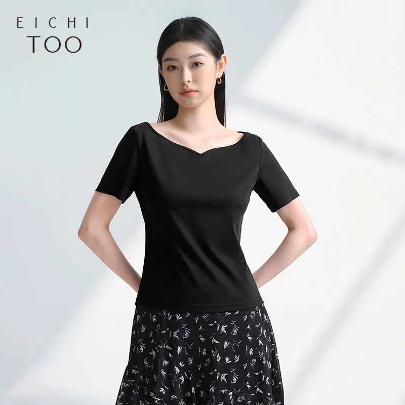 爱居兔25夏季新款修身气质显瘦一字肩短袖T恤ENTBJ2Q064A