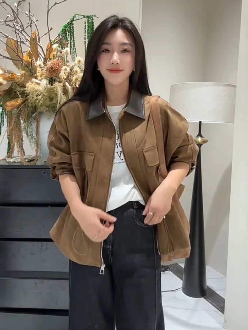 工装抽绳收腰撞色翻领短外套女2025秋季新款宽松时尚休闲夹克上衣