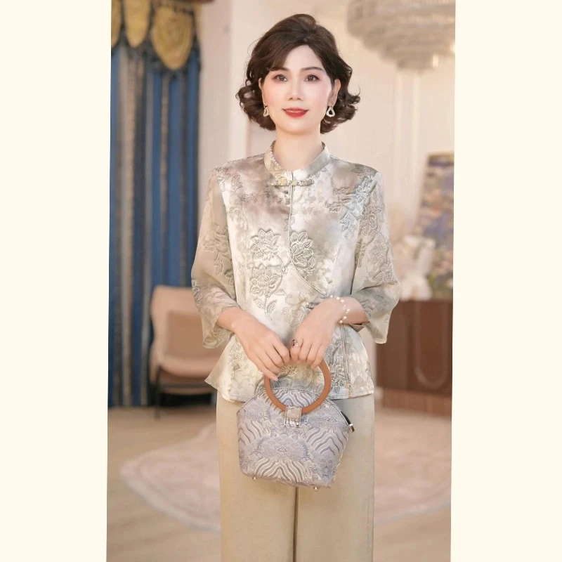 中年妈妈春装新中式国风套装2025新款洋气上衣服中老年女装两件套