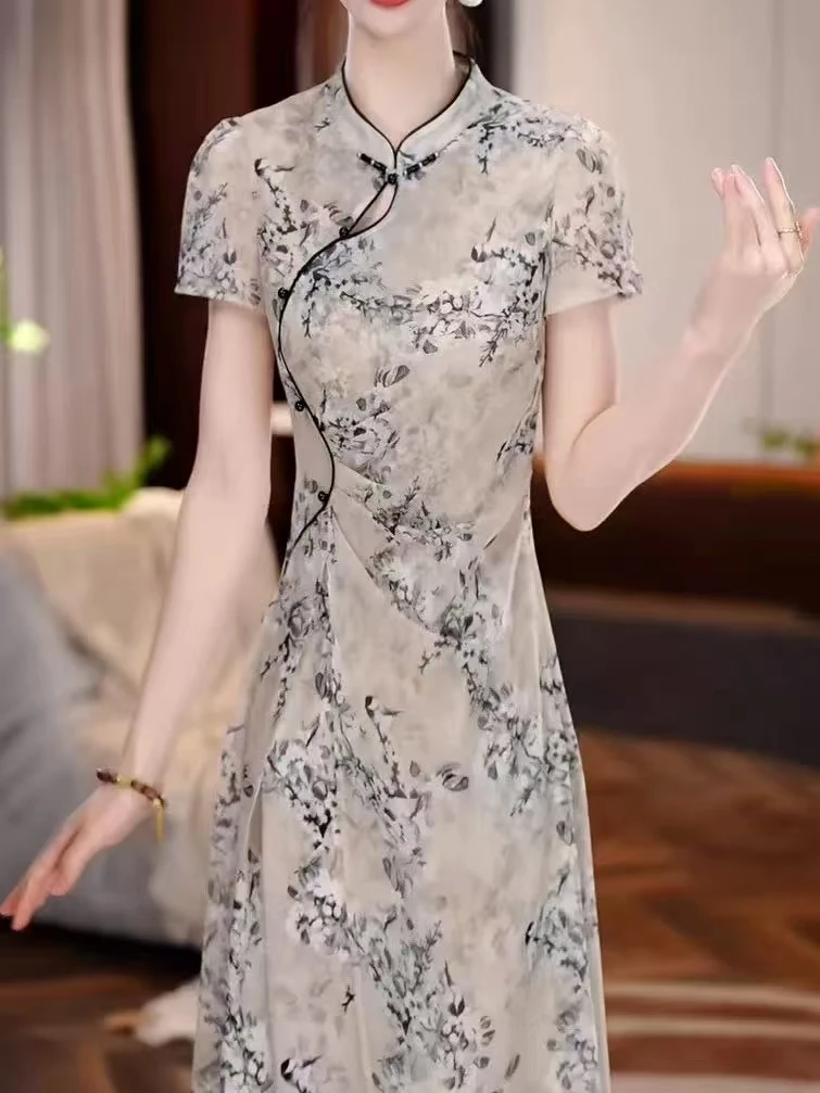 新中式国风连衣裙女妈妈装高端气质显瘦减龄中长裙子4-046