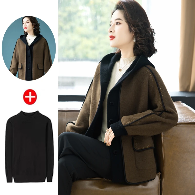 雅鹿优选妈妈秋冬装时尚连帽毛呢外套中老年女装大码高贵双面羊绒