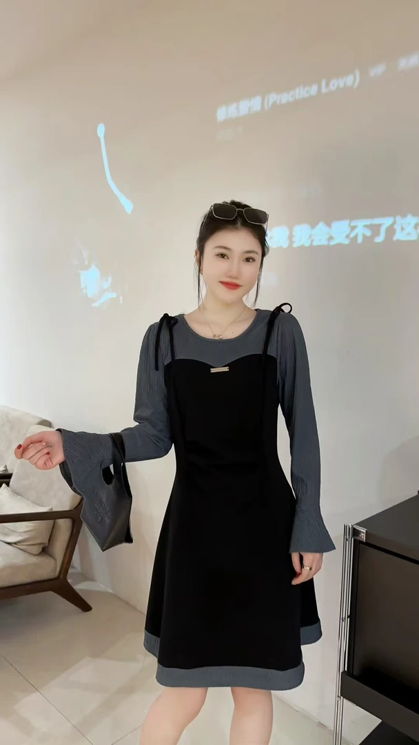大码女装胖mm春季新款时尚穿搭假两件拼接吊带裙显瘦遮肚连衣裙女