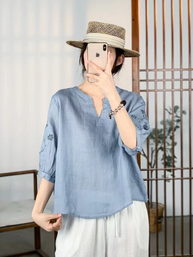 100%苎麻休闲百搭套头小衫夏季新款时尚缕空气质半袖女士衬衫上衣