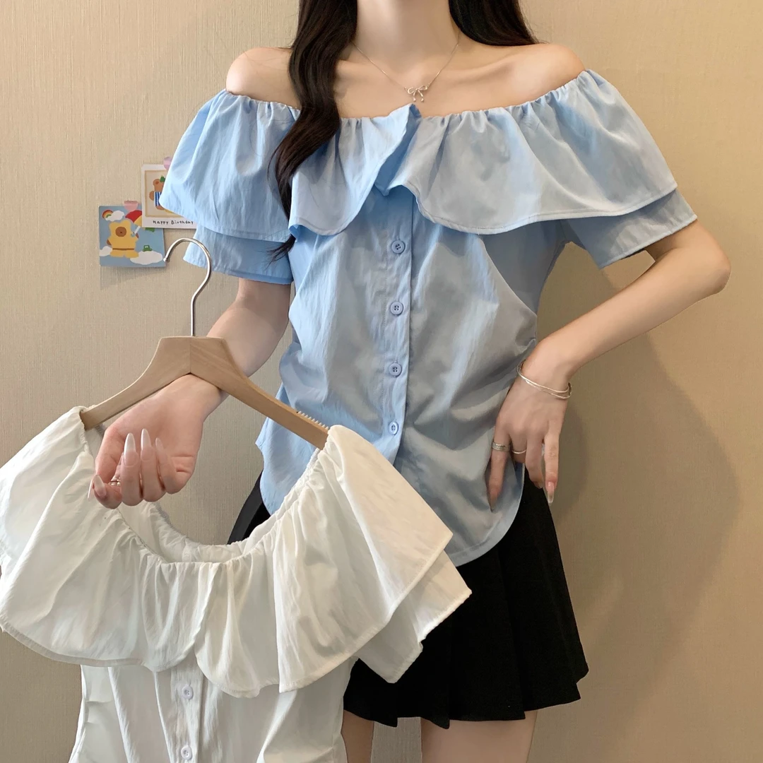 【wy】大码女装法式一字肩荷叶边褶皱短袖衬衫女3162