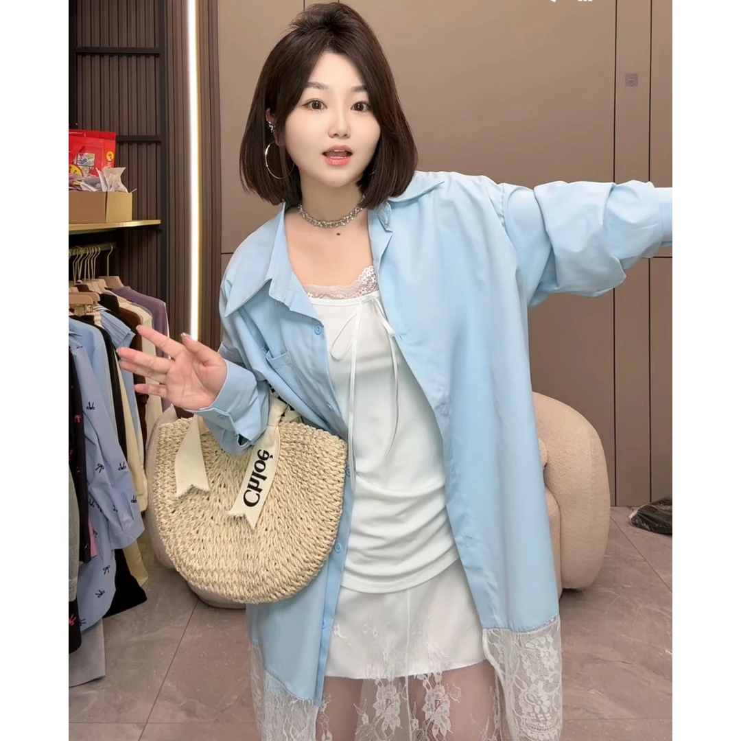 【慧雯儿微胖定制】春季新品度假风蕾丝拼接衬衫+吊带+蕾丝半身裙女