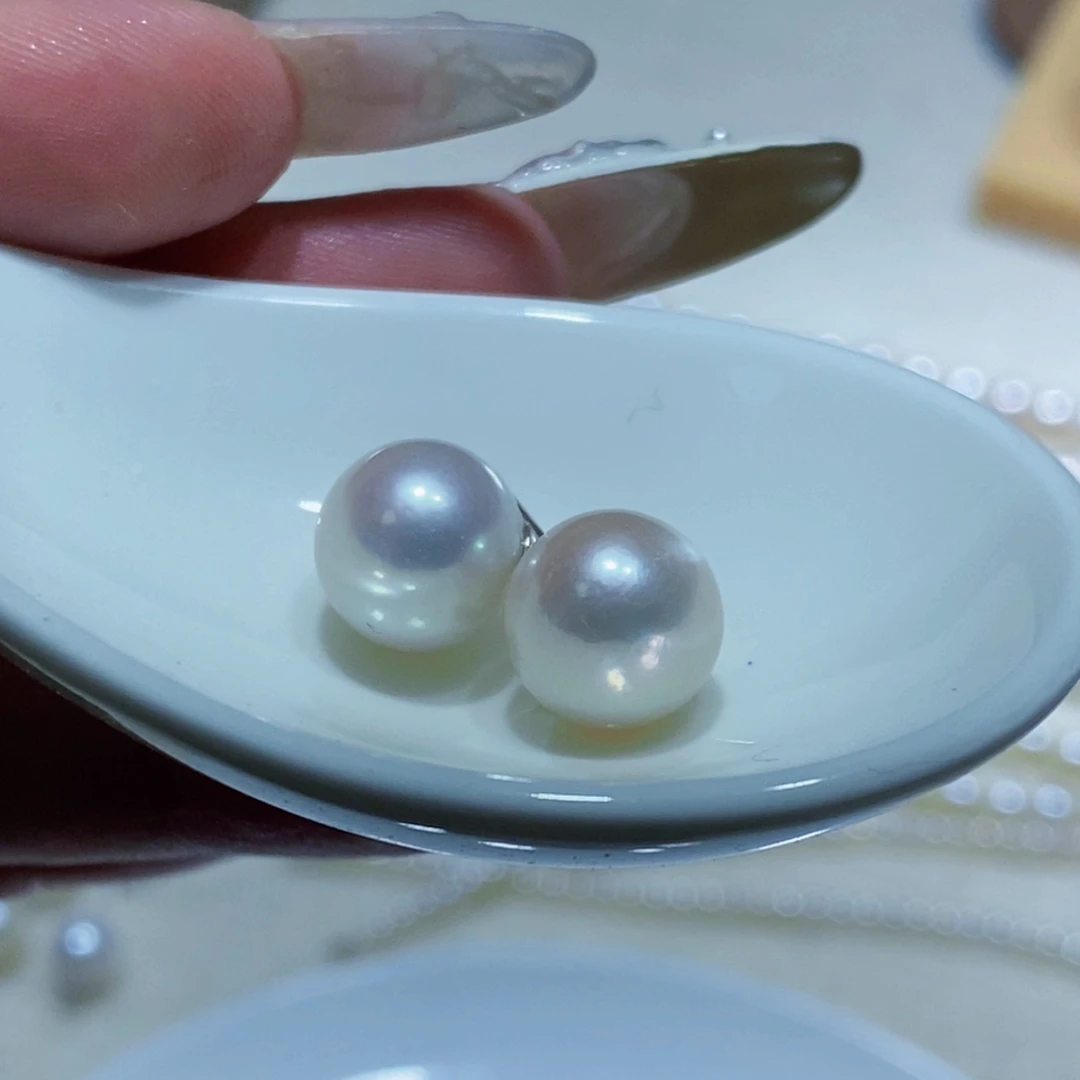 飞***飞银S925镶嵌万能扣吊坠淡水珍珠白珍珠耳钉11m