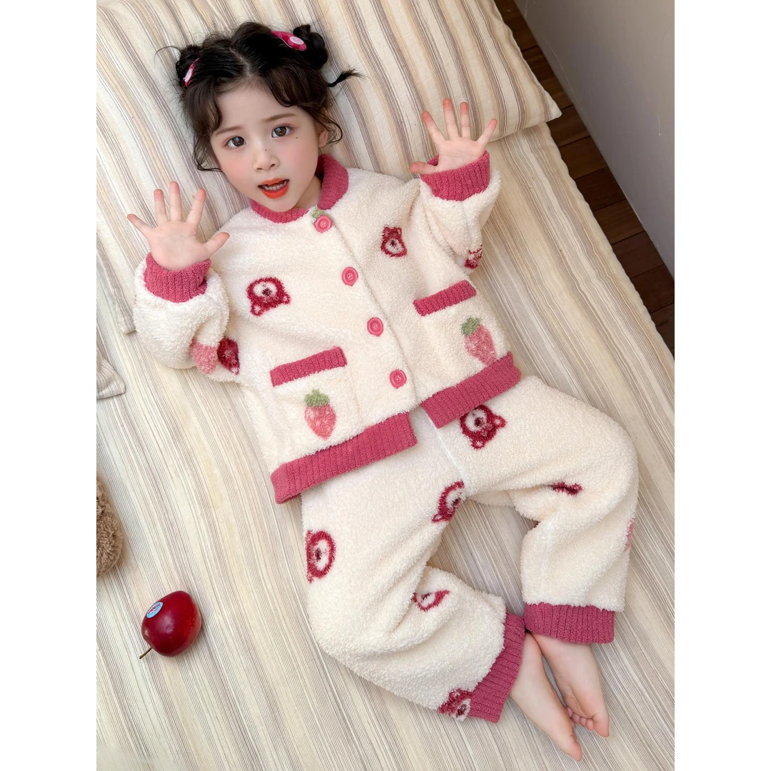 女童睡衣秋冬2025新款女孩宝宝开衫套装冬款立领儿童珊瑚绒家居服