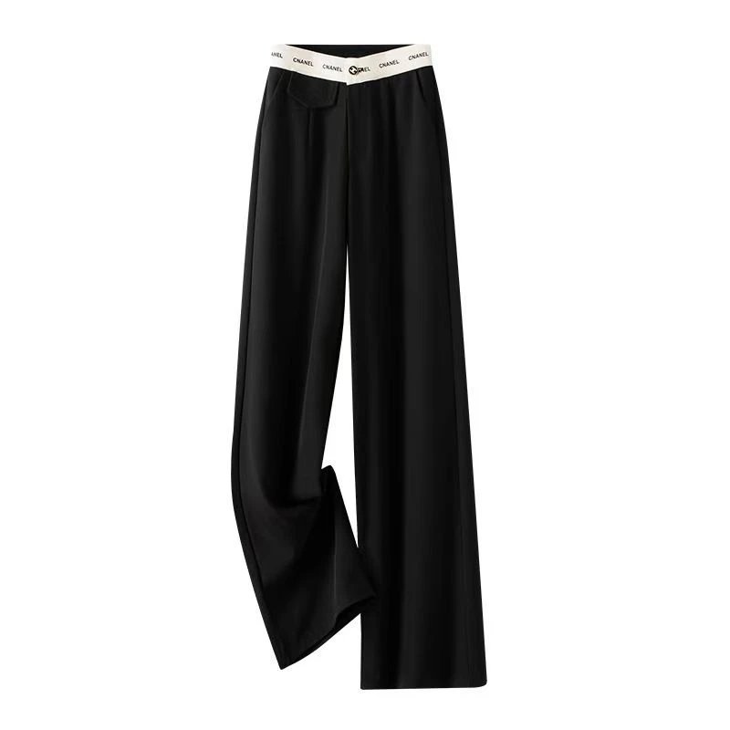 #906 黑色阔腿裤女字母腰带拼色垂感百搭高腰休闲西装直筒裤子