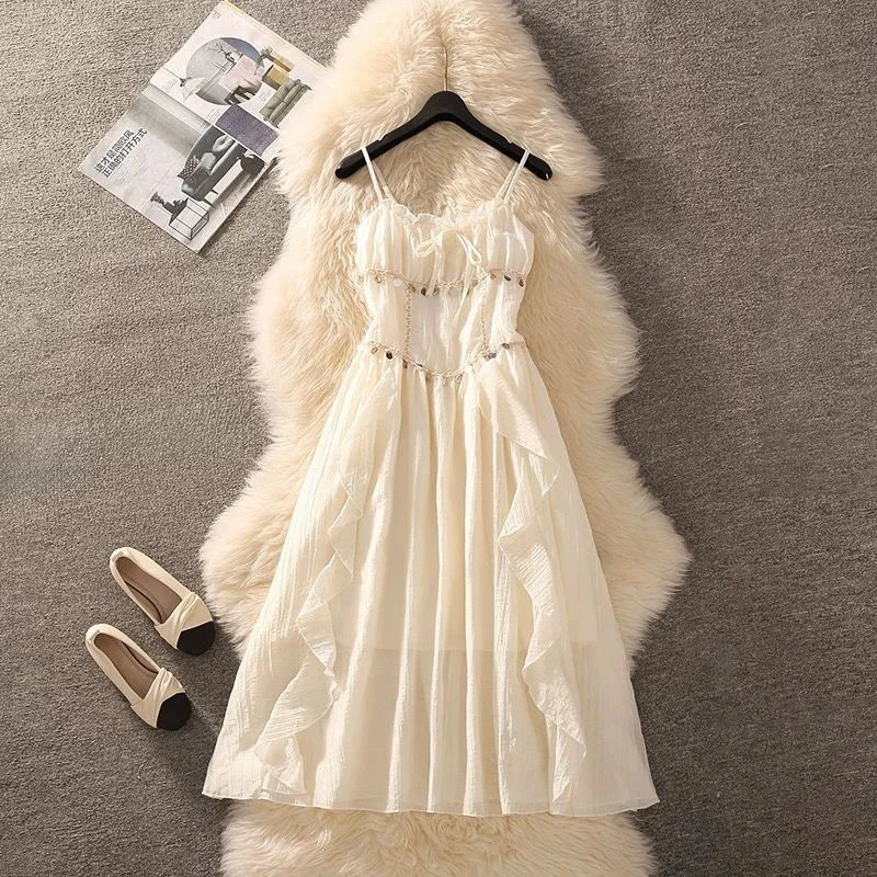 夏季新款韩系清爽慵懒度假裙温柔气质修身显瘦荷叶边连衣裙长裙女